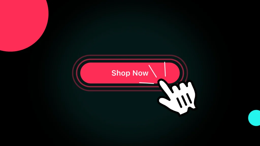 Illustration of a stylized cursor hand hovering over a bright pink rounded button labeled "Shop Now" against a dark teal background, with decorative pink and cyan geometric shapes.