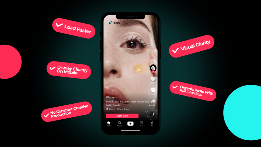 TikTok ad best practices mockup highlighting key features: Load Faster, Visual Clarity, Display Cleanly On Mobile, No Constant Creative Production, Organic Posts With Text Overlays, demonstrated with skincare product ad showing optimized mobile display and TikTok ad formats for Shopify.