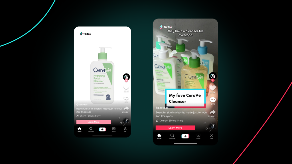 TikTok ad format comparison mockup showing CeraVe cleanser product ads side-by-side: single product layout versus multi-product showcase with text overlay "My fave CeraVe Cleanser," demonstrating TikTok ad formats and organic post styling for Shopify e-commerce.