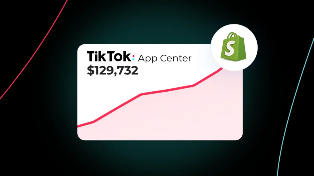 Analytics card showing TikTok App Center revenue of $129,732 with an upward growth graph and a Shopify logo, illustrating the impact of tiktok ads shopify performance.