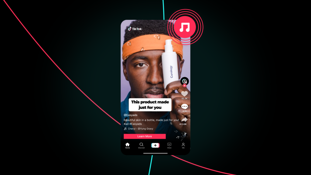 TikTok interface showing a product advertisement for Easyads skincare spray. A man wearing an orange headband holds a white spray bottle labeled "Curology" against a purple background. The post includes engagement metrics and a "Learn More" button at the bottom.