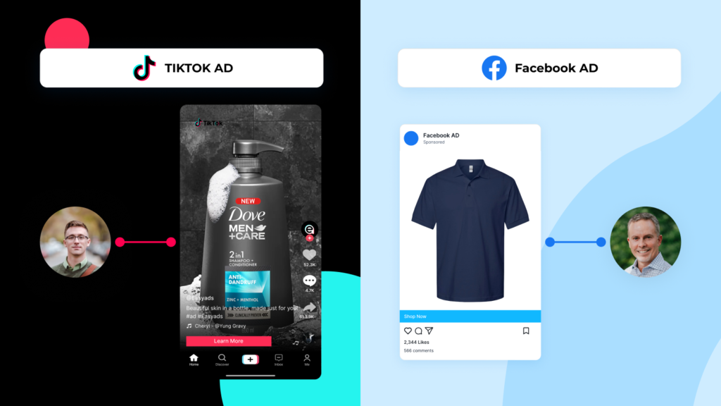 Side-by-side comparison of TikTok ad showing Dove Men+Care product with influencer to Facebook ad displaying navy polo shirt, illustrating different advertising approaches for Shopify stores.