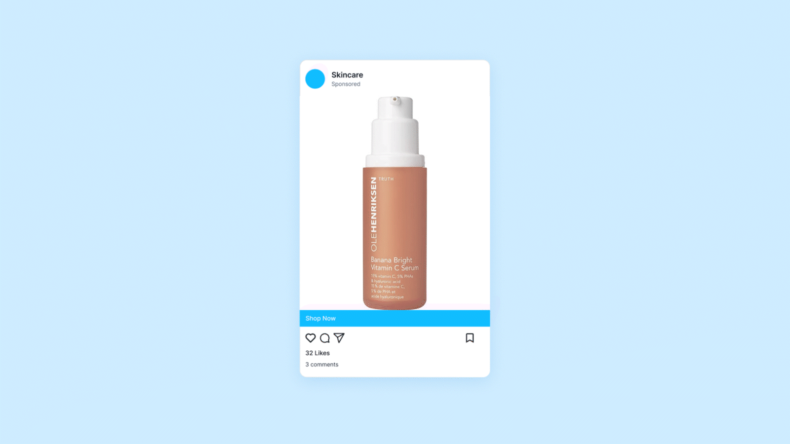 Interactive comparison for Advantage Plus Shopping Campaigns showing two Instagram ad creatives that toggle between bad and good examples. The current view displays a basic sponsored post with a single Ole Henriksen Vitamin C Serum bottle on a plain white background with minimal styling and a 'Shop Now' button, representing simplistic ad creative with low engagement.