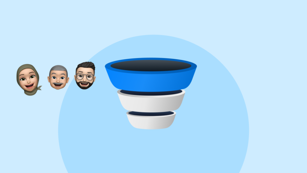 Three diverse emoji faces beside a blue bowl stacked above two white bowls representing cold audience funnel stage