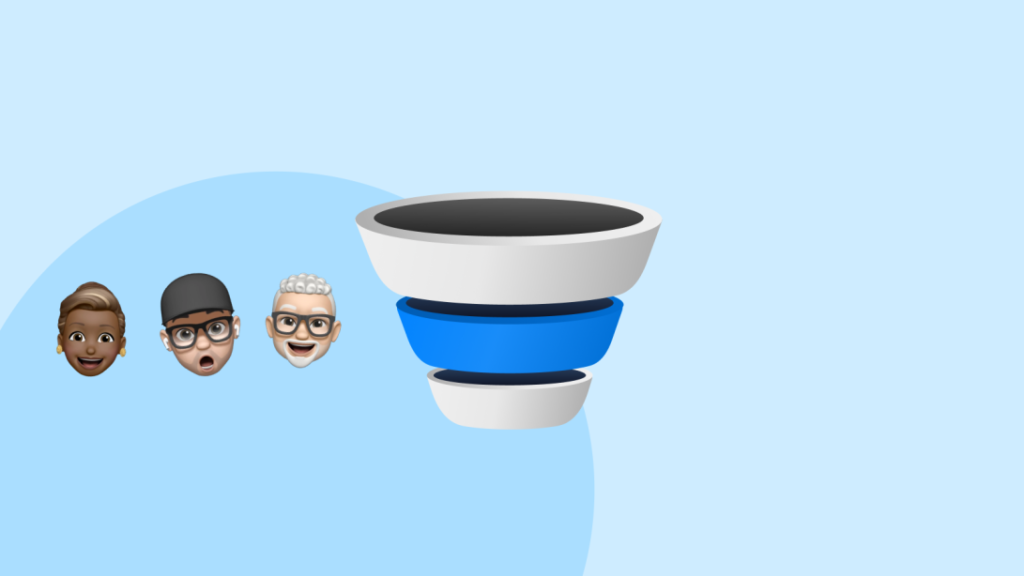 Three emoji faces with glasses beside a white bowl stacked above blue and white bowls representing warm audience funnel stage