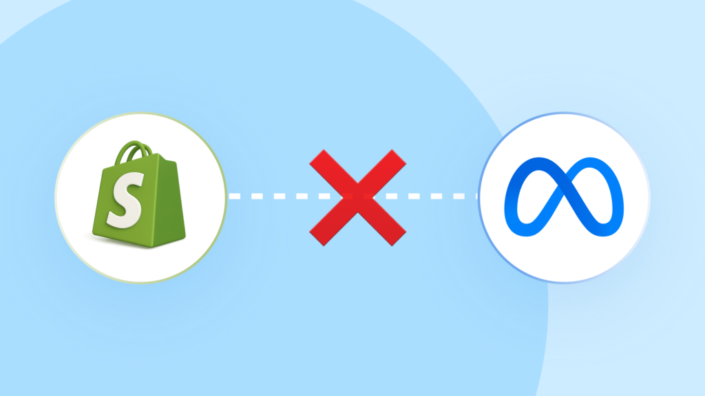 Illustration showing the Shopify logo on the left and the Meta logo on the right, separated by a dashed line with a red X in the middle, representing a connection issue.