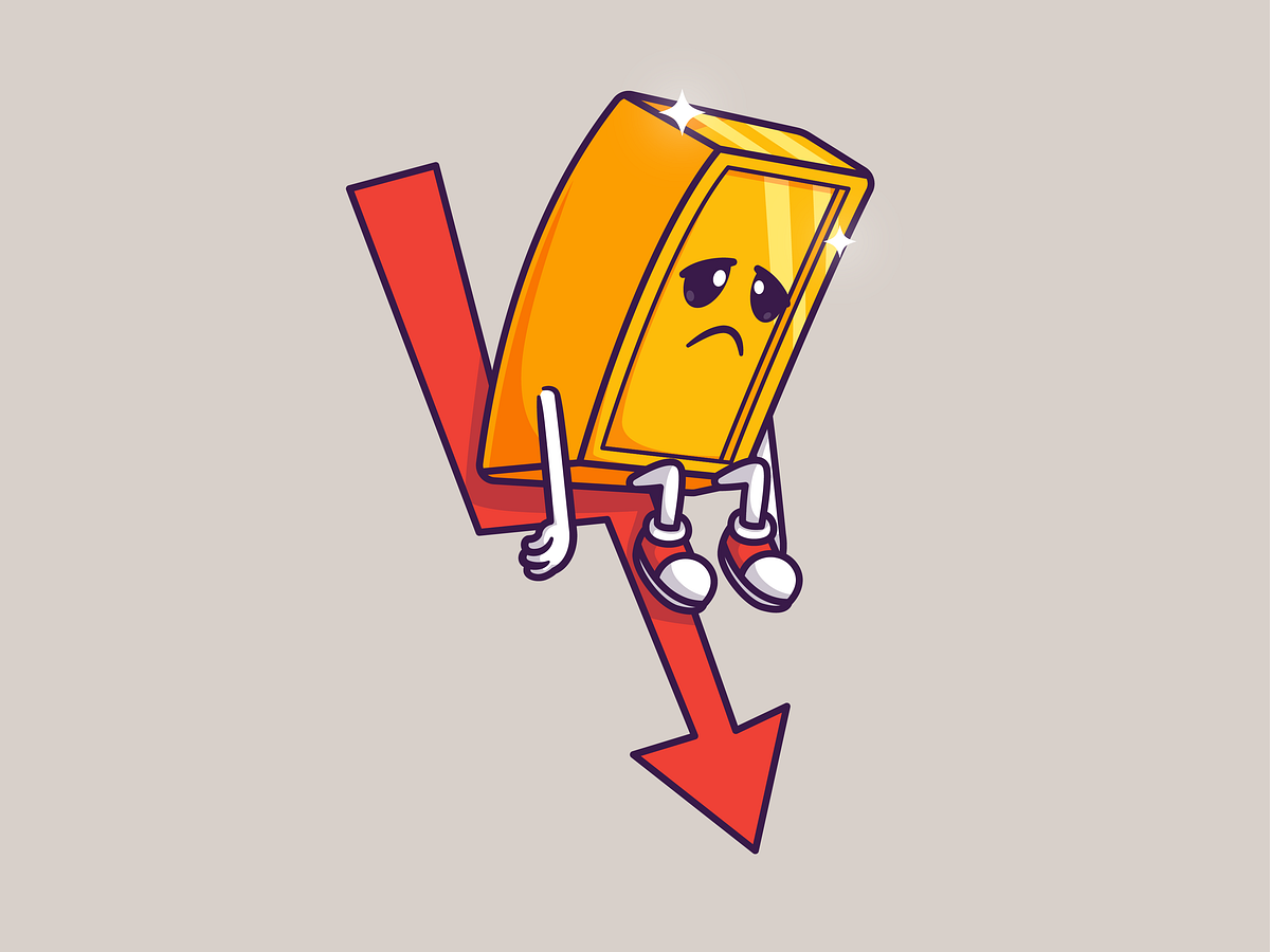 A cartoon illustration of a sad yellow bar graph character sitting on a downward-trending red arrow, suggesting declining Facebook ad performance and metrics created by catalyst.