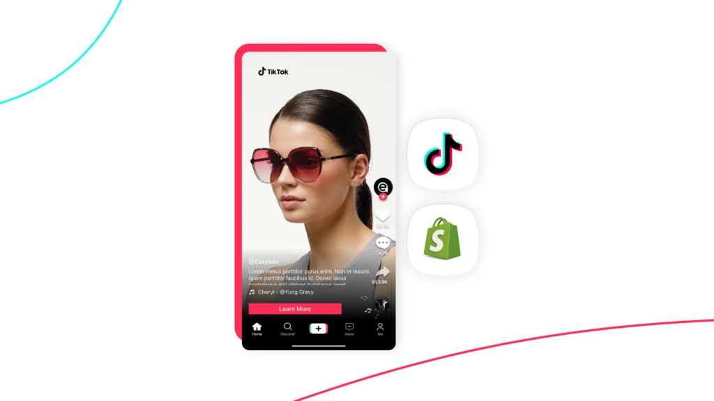 A mockup of a TikTok-style mobile ad showing a woman wearing large pink sunglasses, with TikTok and Shopify logos displayed on the right side against a clean white background.