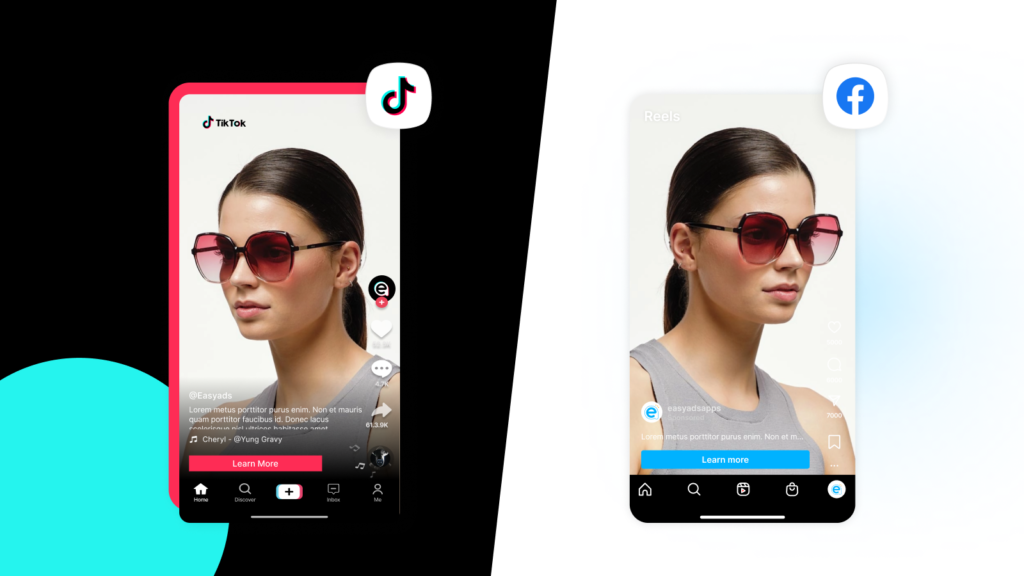Side-by-side mockup of a sunglasses ad displayed on TikTok and Facebook Reels, illustrating tiktok vs facebook ads shopify differences.