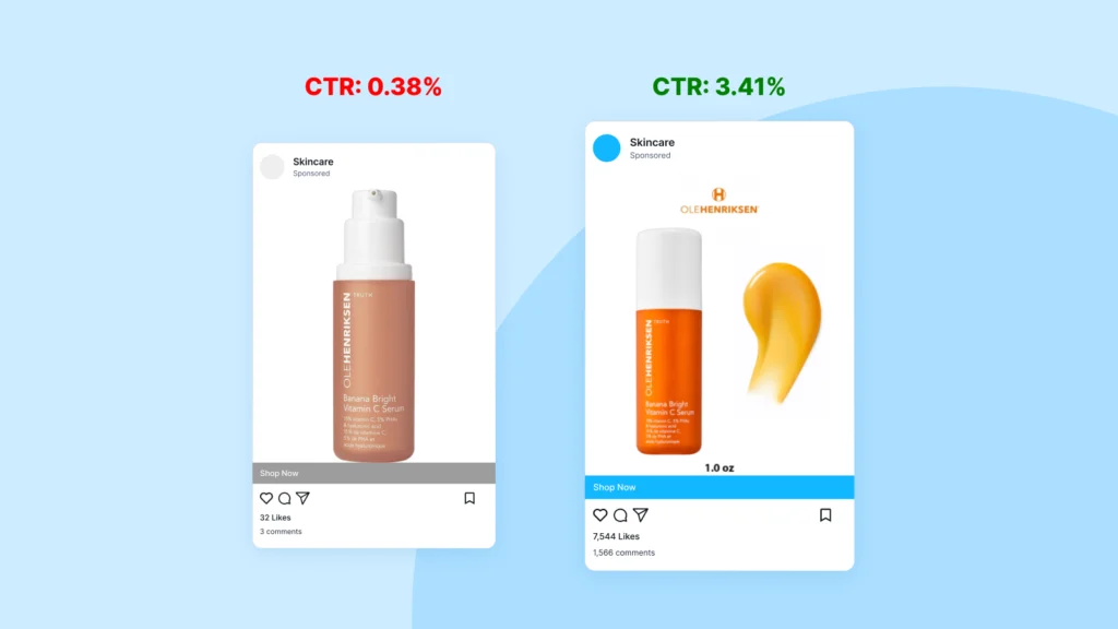 Left Image:
Shopify ads performance metrics showing skincare serum sponsored post with 0.38% click-through rate
Right Image:
Shopify ads performance metrics displaying vitamin C serum ad with 3.41% click-through rate and 7,544 likes.