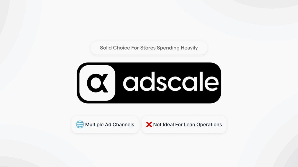 Adscale logo featured as a high budget option in a list of Shopify Facebook ads automation tools.