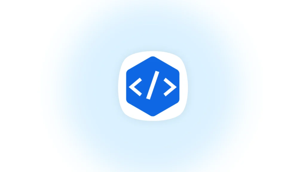 A blue hexagonal icon featuring white code brackets “” in the center, displayed on a soft light-blue gradient background.